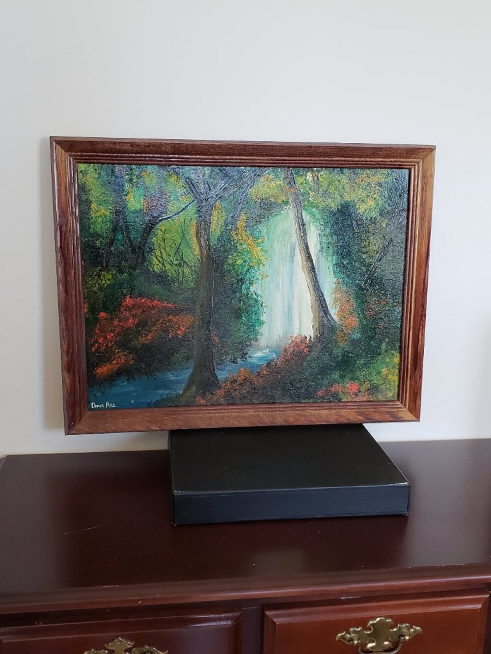 Oil on canvasboard titled "Murphy's Waterfall" by Derek Rea 1994 - vintage frame